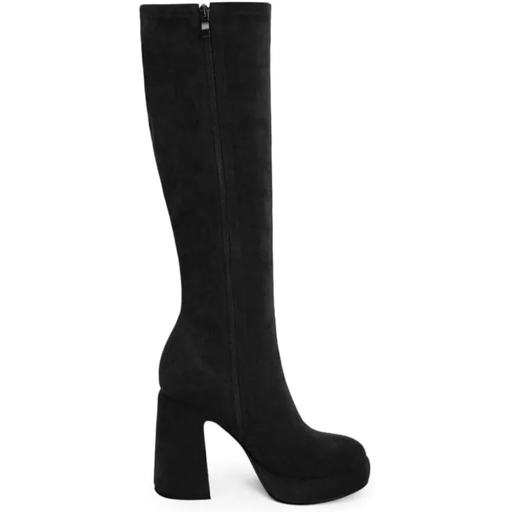 Women's Blacksuede Platform Knee High Boots Chunky Heel Rounded Toe Zipper